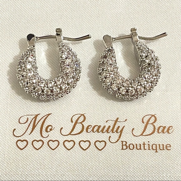 Mini Silver Crystal Huggie Hoop Earrings - Picture 1 of 5